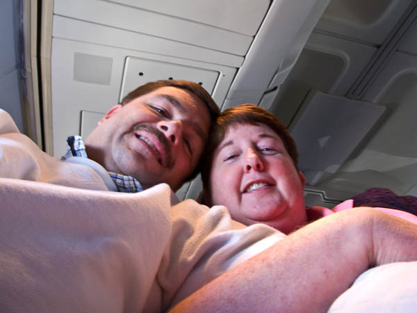 Tom & Katy being silly on the flight to Fort Lauderdale
