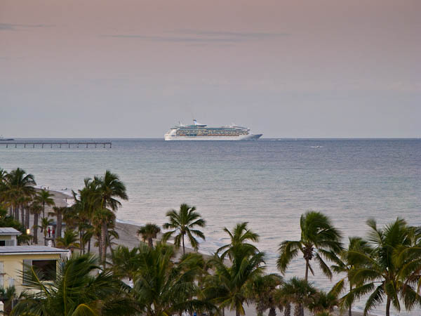 Cruise ships leaving Port Everglades seen from our hotel in Hollywood Beach Florida prior to our Celebrity Solstice cruise