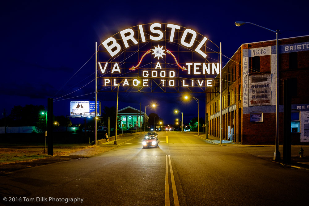Bristol Sign recognizing the City of Bristol in both Tennessee and Virginia. The sign spans State Street, so the sign has a half in each state.